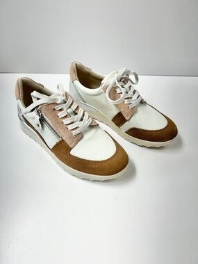 Brioso Mimi Leather Sneakers Womens Size 8 Made In Brazil Tan White Taupe